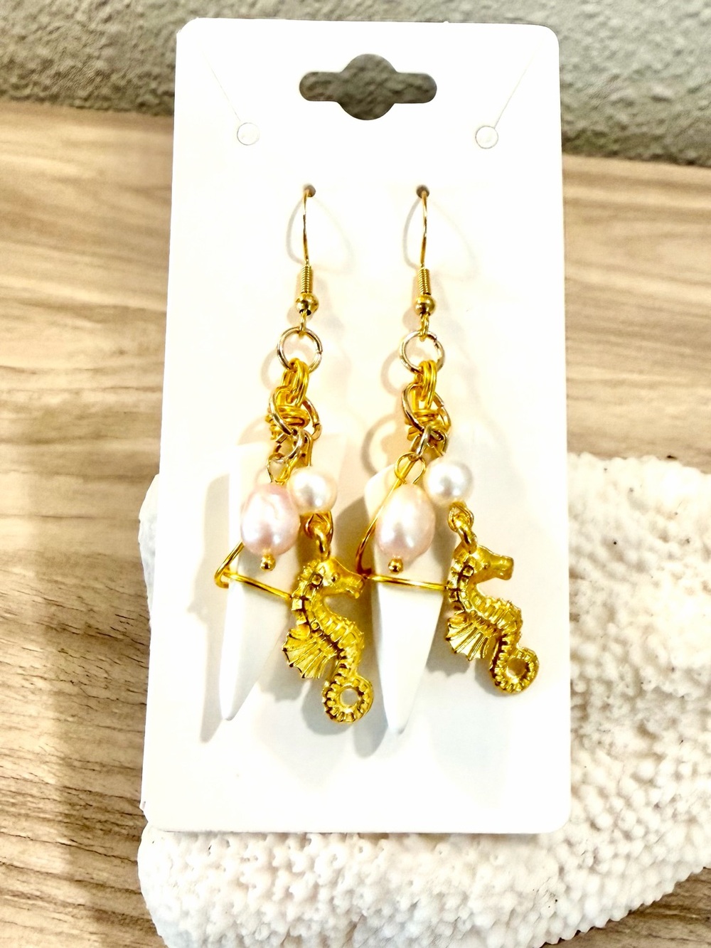 28. Gold Seahorse Drop Earrings with White sea glass and Pearl Accents
